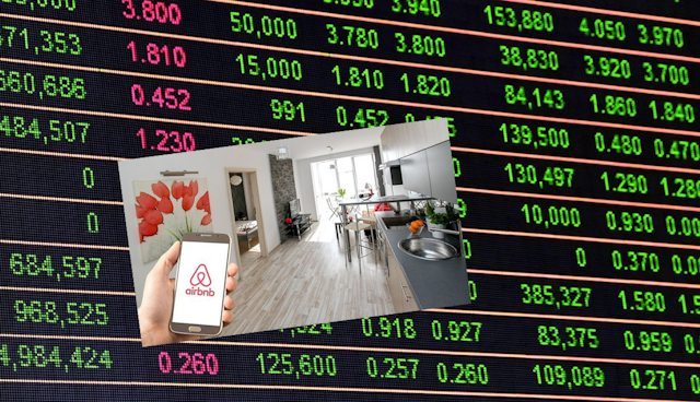 Composite picture of AIRBnB stock price with hotel room inset. 