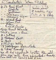 Old handwritten recipe for Christmas pudding