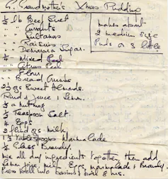 Old handwritten recipe for Christmas pudding