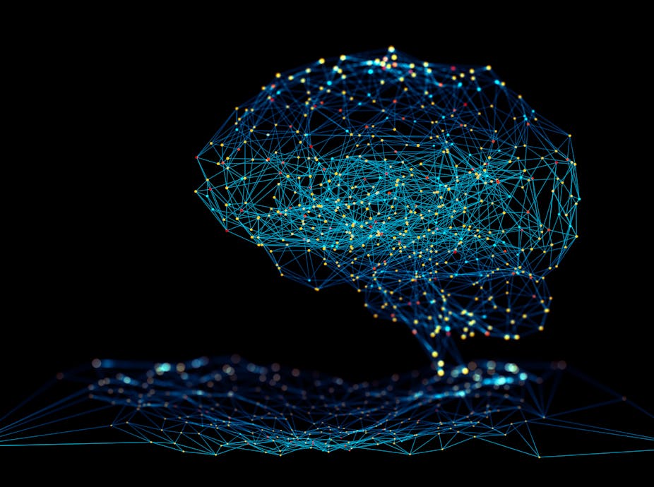 A 3D digital illustration of connected points in the shape of a brain.