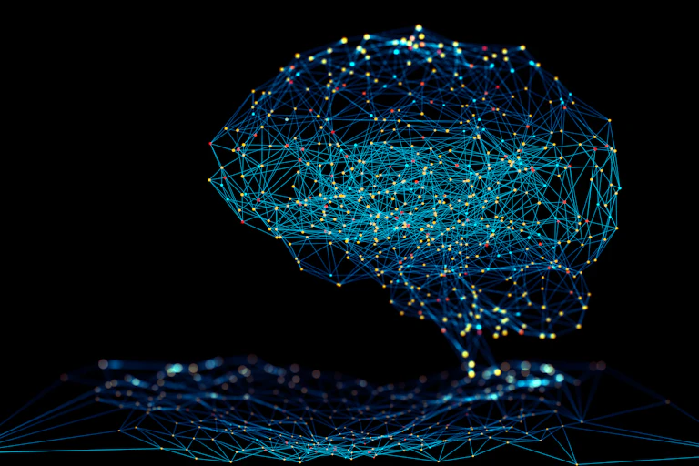 A 3D digital illustration of connected points in the shape of a brain.