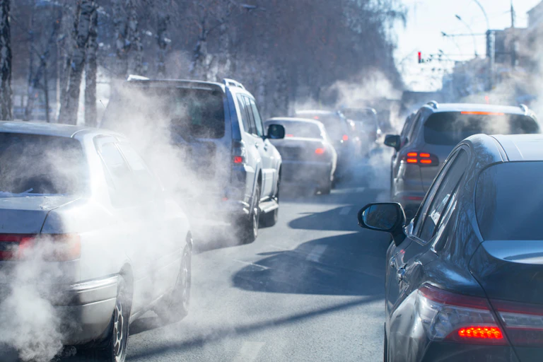 Traffic. with pollution from exhausts