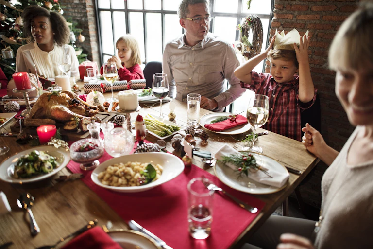 A family has Christmas lunch.