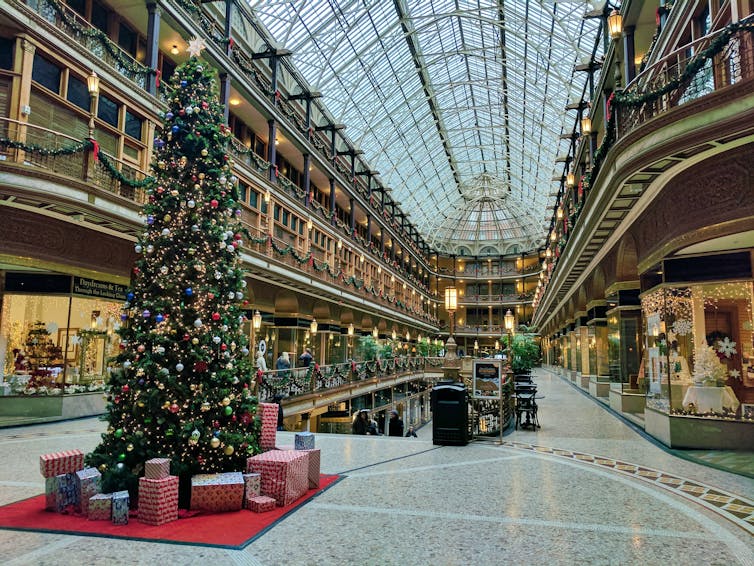 An empty shopping mall in Cleveland with a Christmas tree