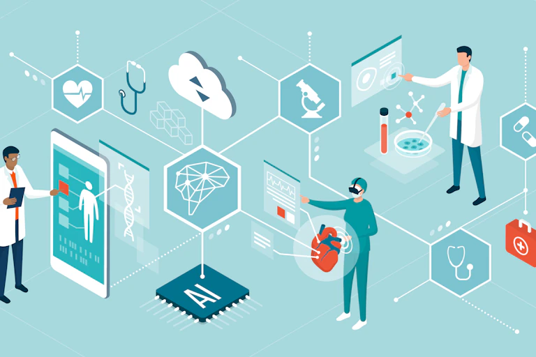 An animated picture showing four ways AI could be adapted in healthcare.