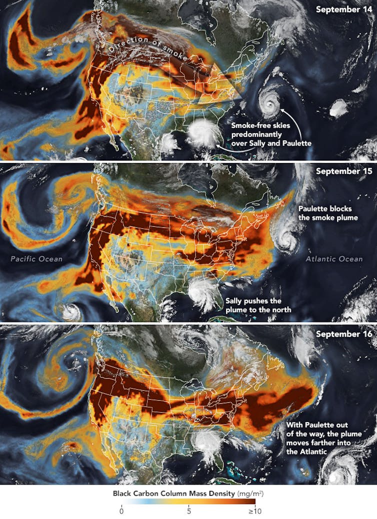 Satellite images of smoke plumes.