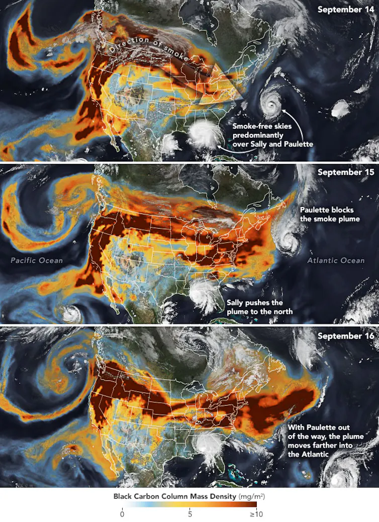 Satellite images of smoke plumes.