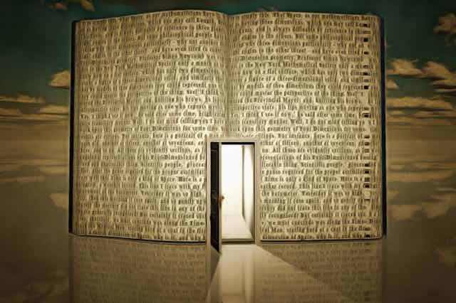 light-filled door opening in a book