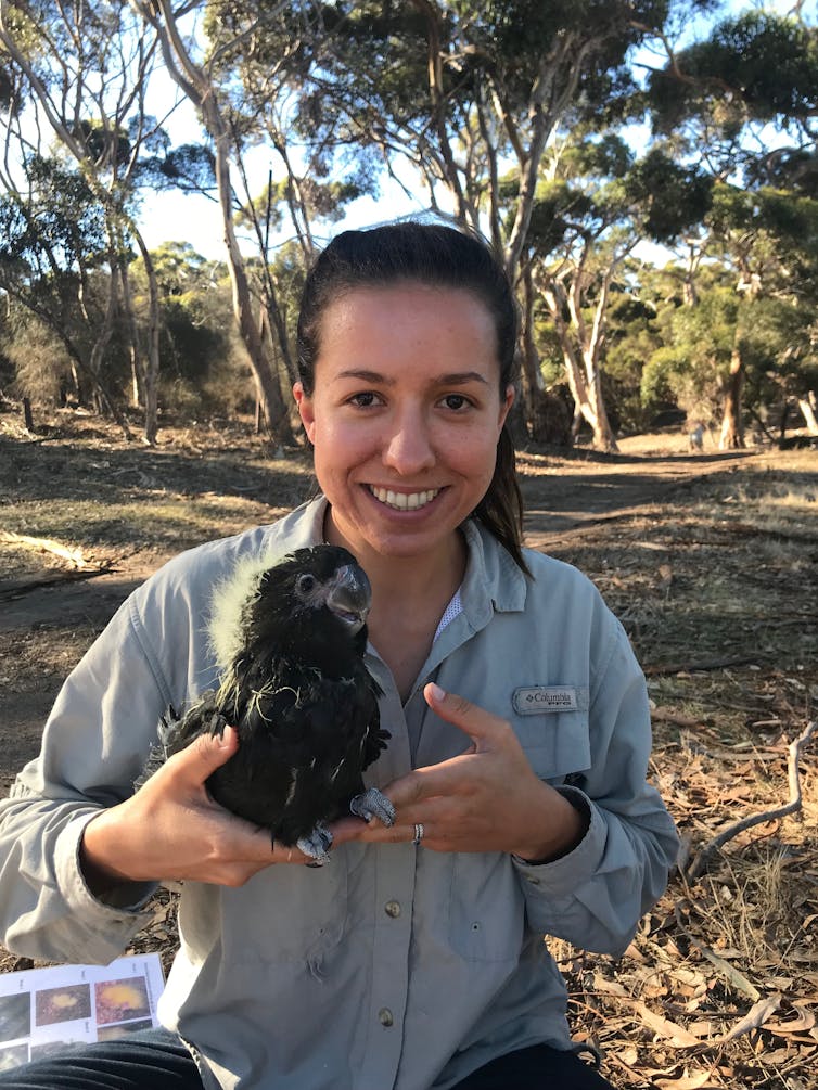 The author, Danielle Teixeira, with a glossy black cockatoo.