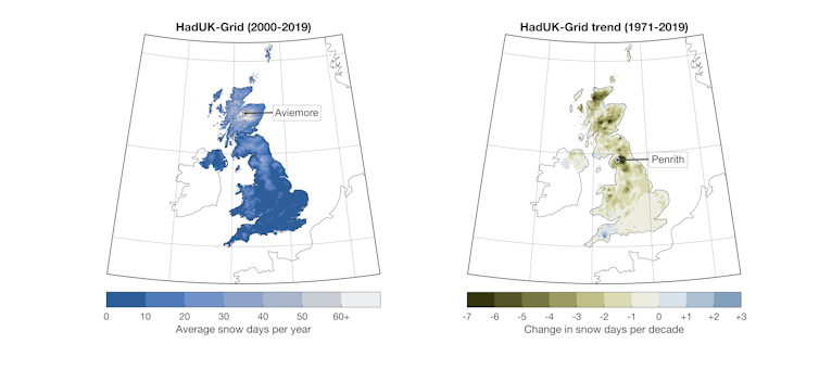 Two maps of the UK depicting the change in prevalence of snow days throughout the UK from 1971-2019.