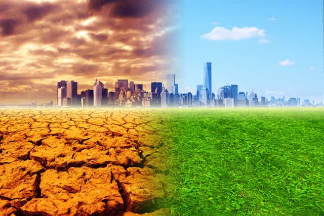 A picture of a city - one side is scorching hot, the air is polluted and dry, the other has lush green grass with clear blue skies.