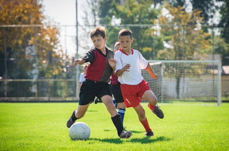 Two boys challenge each other for the ball during a football match.