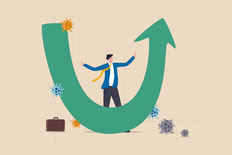 An animation of a large U to represent the economic U recovery with a man in a suit and COVID virus