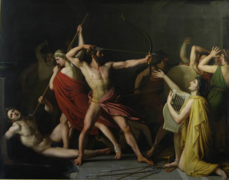 Oil panting of a shirtless man in armed battle with other men