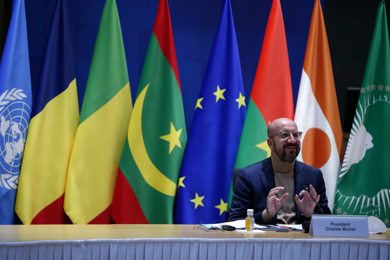 Charles Michel takes part in a video conference with G5 Sahel leaders and United Nations representatives