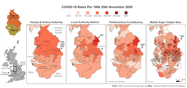 Maps showing how COVID infection rates appear different depending on how you define a geographical area.