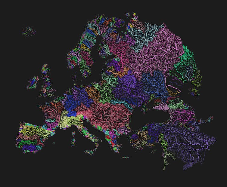 Les principaux fleuves d’Europe, chaque bassin étant indiqué par une couleur différente