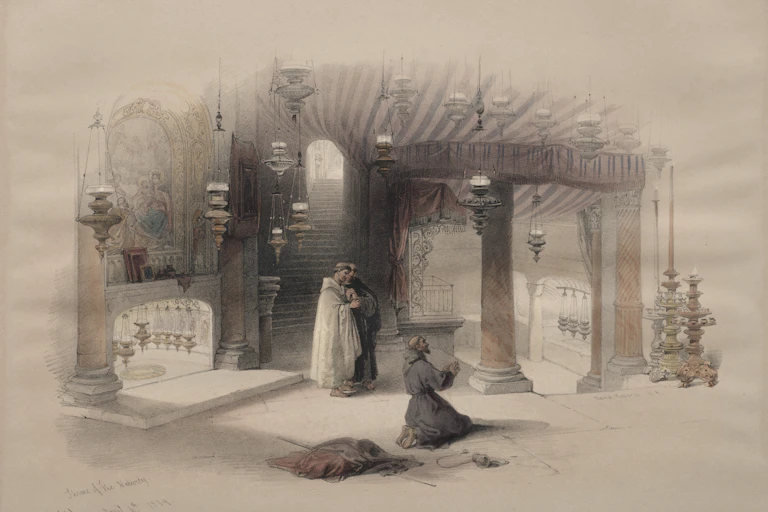 Painting of three worshippers inside the Church of the Nativity.