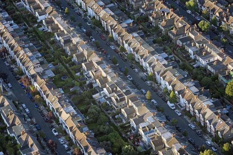An aerial view of terraced housing.