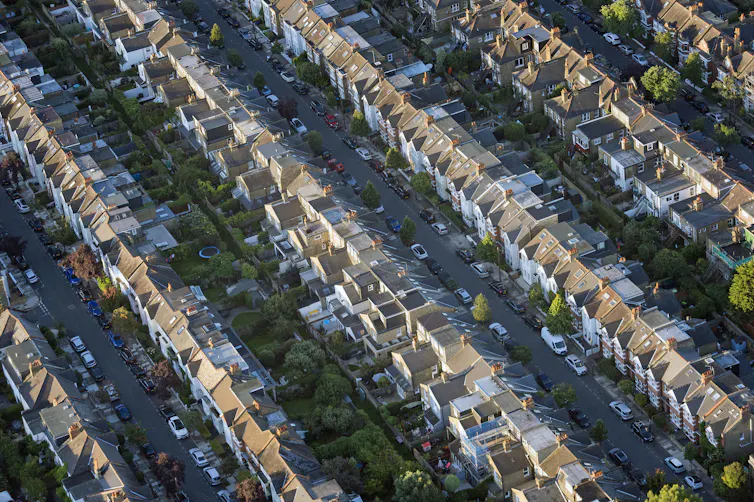 An aerial view of terraced housing.
