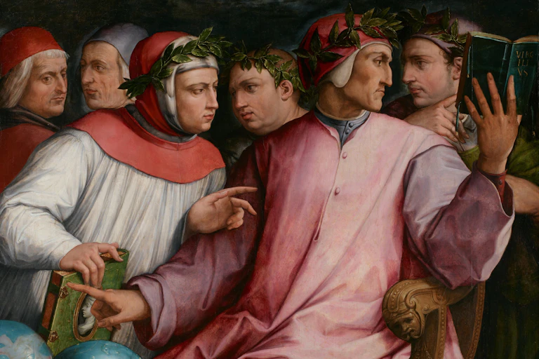 An oil painting of six poets.