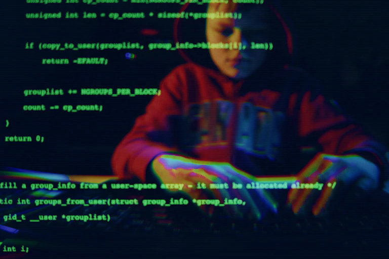 Green text appears on a screen as a young boy types on a computer.