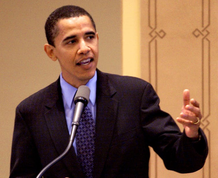 Then state Sen. Barack Obama speaks during an Illinois State Capitol debate in 2003.