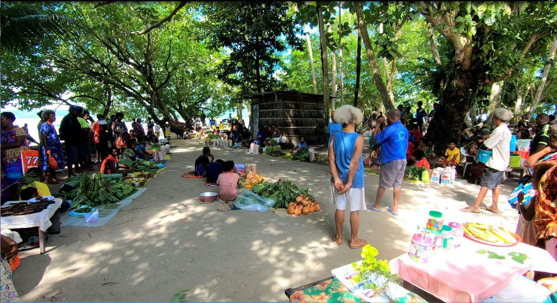 People gather at community markets on tropical atoll island