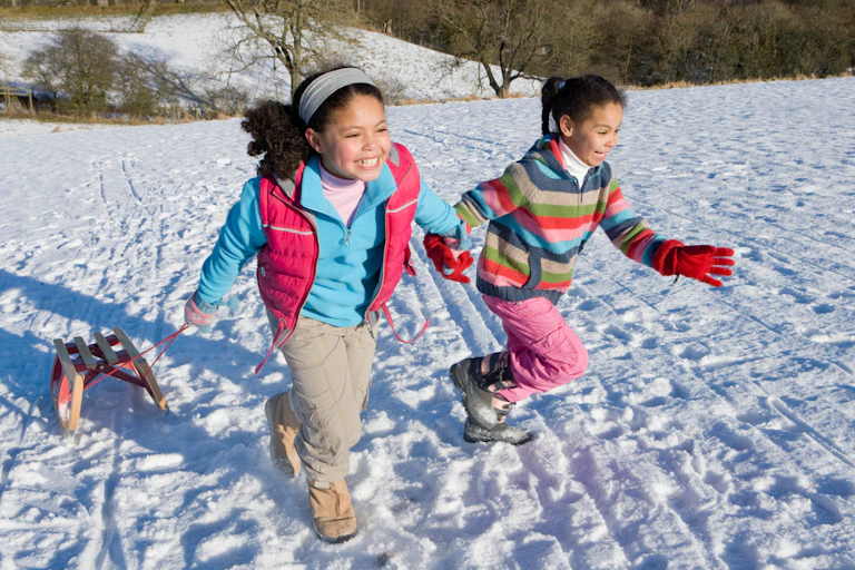 Two children with a sled.