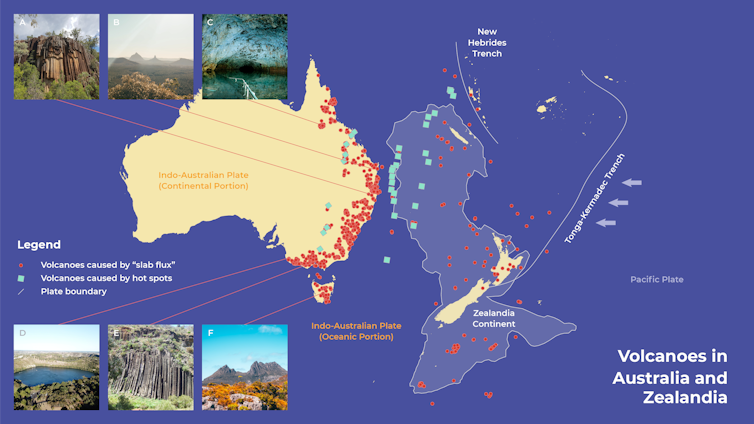 Map showing Australia and Zealandia's volcanoes, mostly located down Australia's east coast