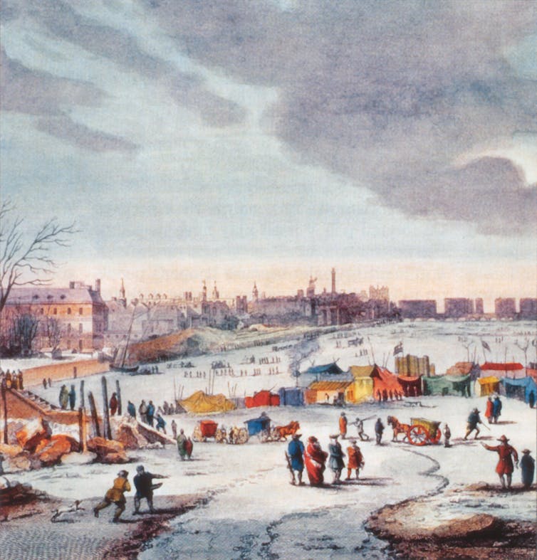 Painting of people, tents and horse-drawn carriages on the frozen river.