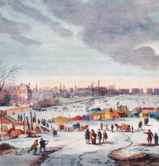 Peinture de personnes, de tentes et de calèches sur la rivière gelée.