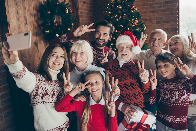 A family posing for a Christmas selfie