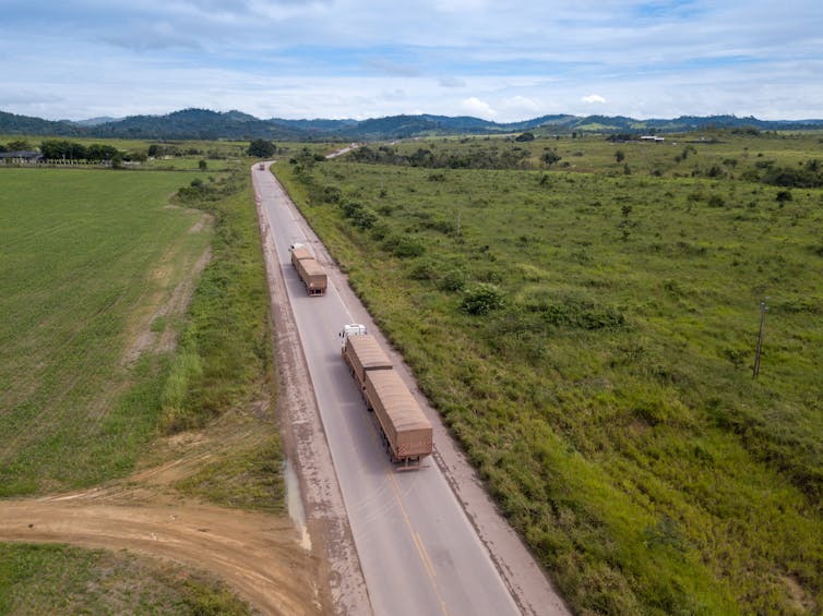 Two trucks on a motorway pass pastures.