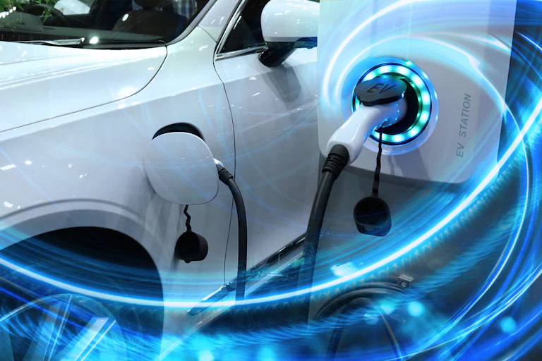 An electric car charging with swirling blue energy