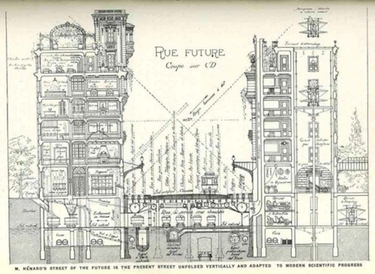 Line drawing of cross section of buildings and street