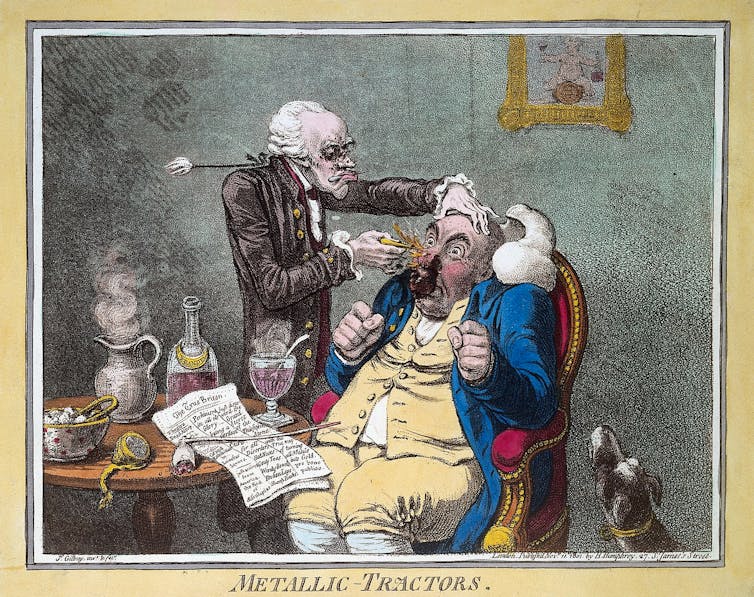 Cartoon of a quack treating a patient with Perkins Patent Tractors.