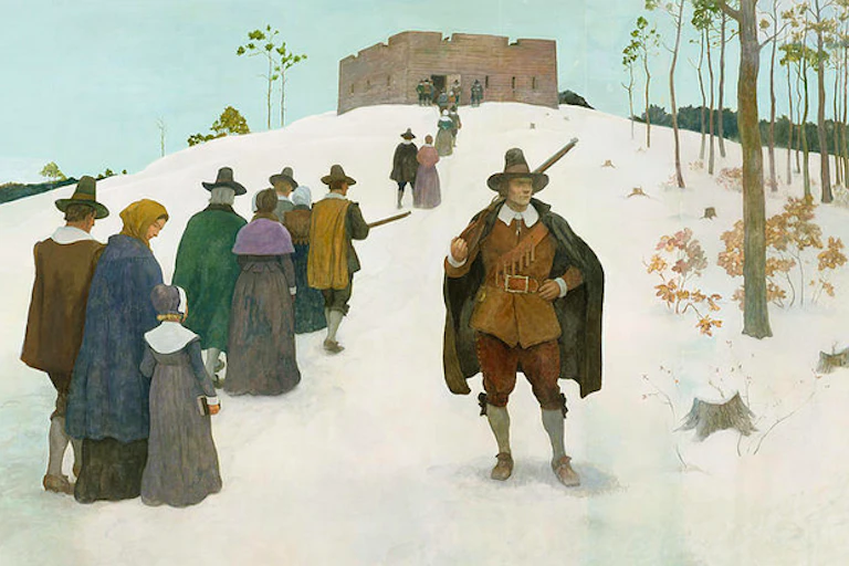 Settlers trudge up a snow covered hill on their way to chuch.