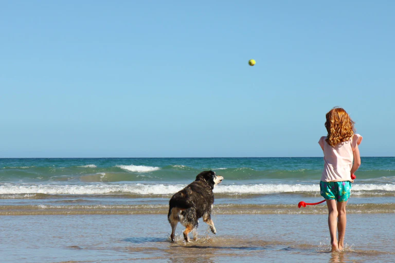 Child and dog at the beach
