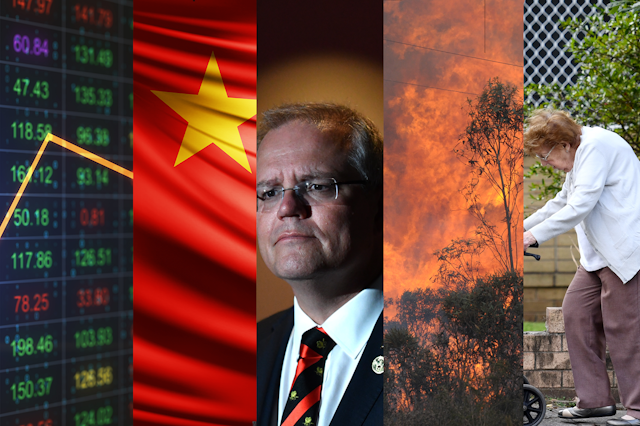 A collage featuring a stock market listing, the Chinese flag, a bushfire, Scott Morrison, and an elderly lady