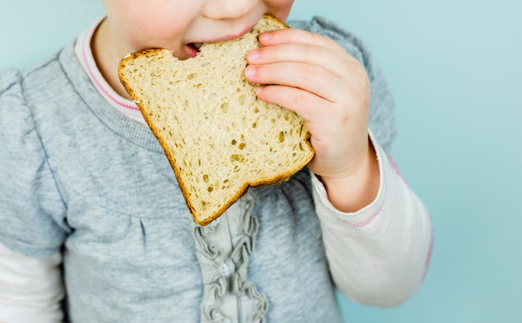 Child eating a slice of white bread.