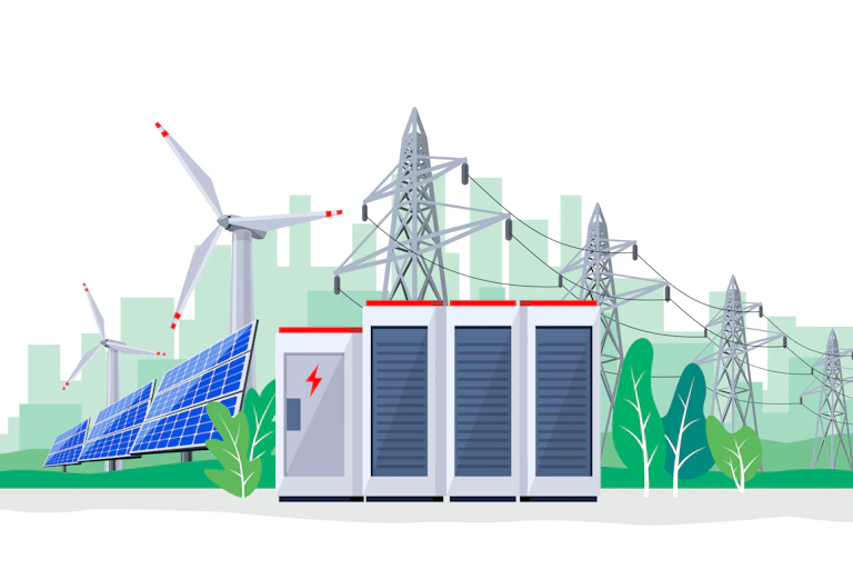 Concept drawing of large batteries in front of solar panels and wind turbines