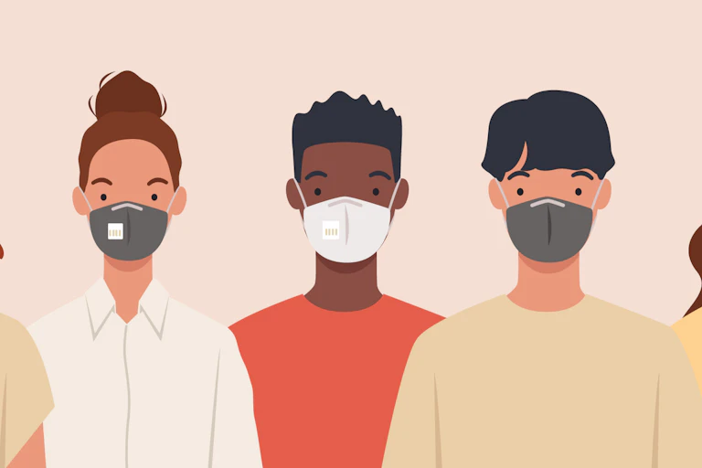 A drawing of different people wearing masks.