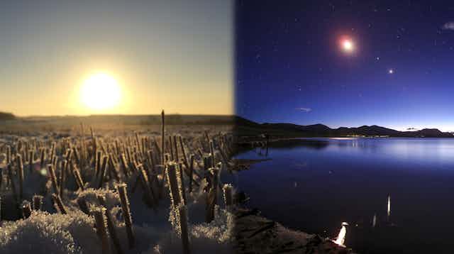 Two images, one of the sun on winter solstice, and the other of the great conjunction