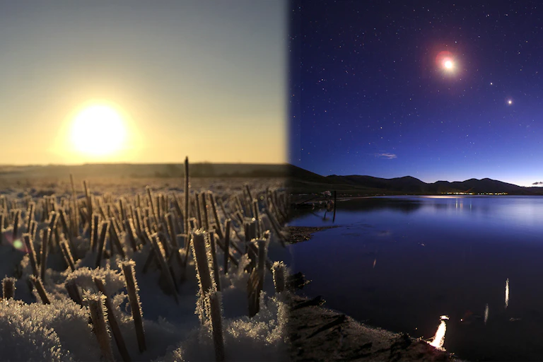Two images, one of the sun on winter solstice, and the other of the great conjunction