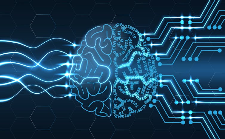 Illustration portraying the input and output of information via a brain.