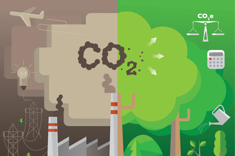 Graphic showing CO2 being offset by trees