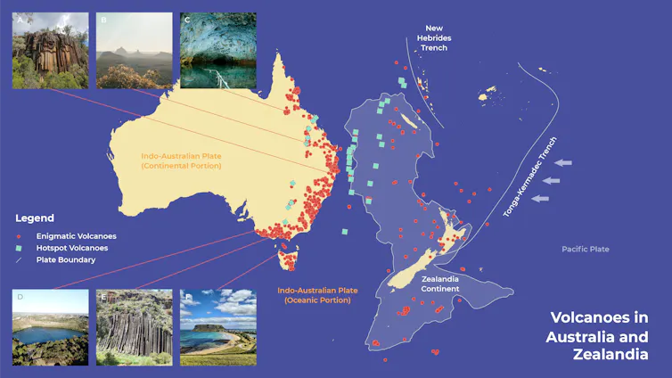 Map showing Australia and Zealandia's volcanoes, mostly located down Australia's east coast