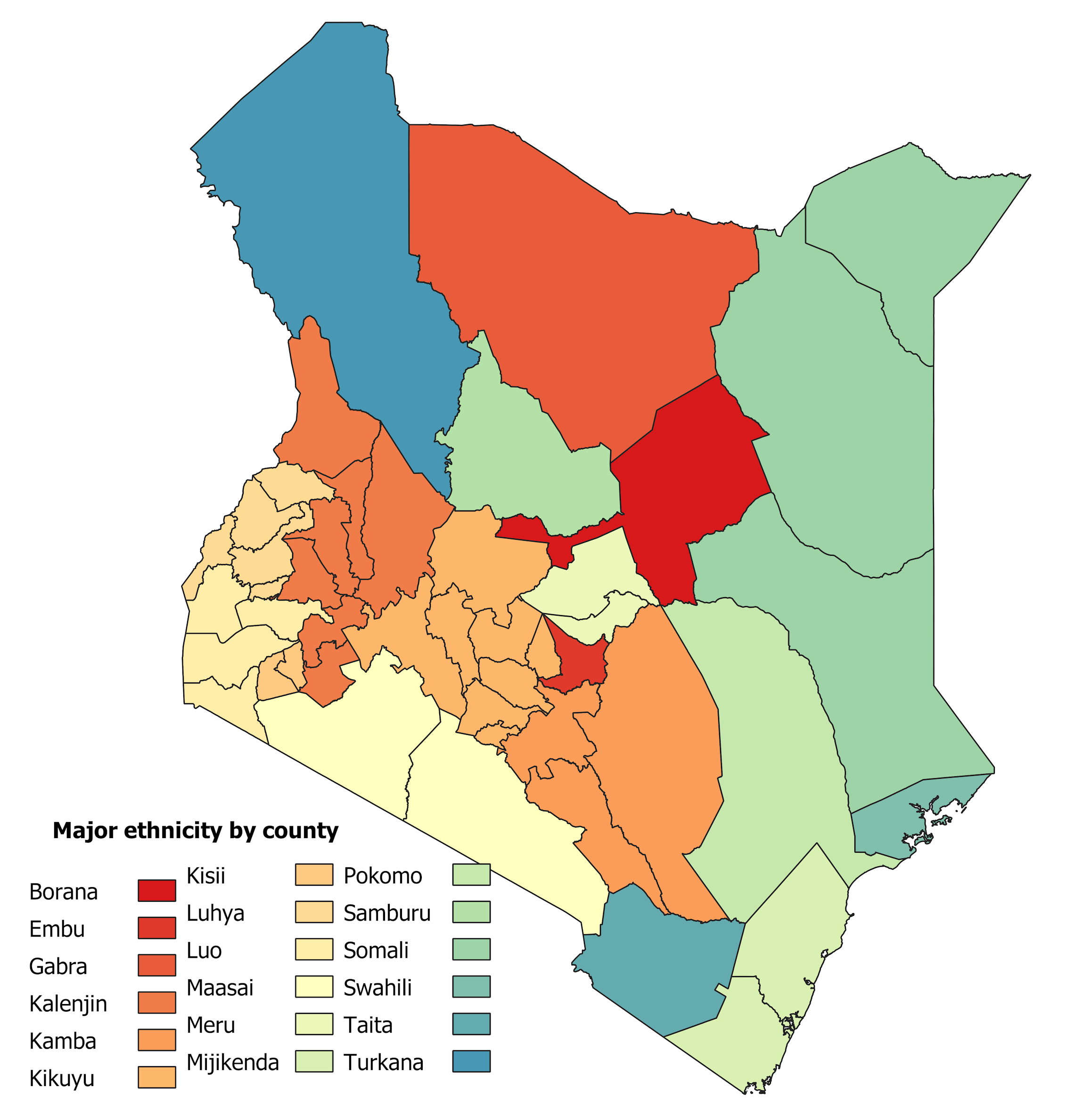 Grupo étnico mayoritario en cada uno de los 47 condados de Kenia. Iván Kim