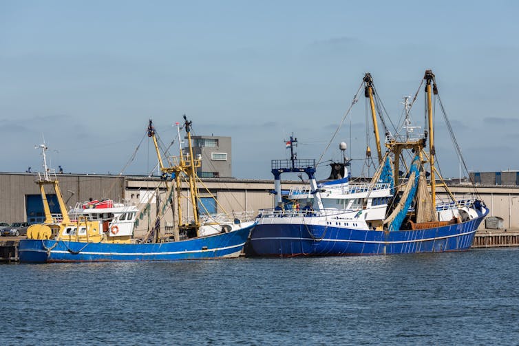 Two fishing boats docked next to a warehouse.